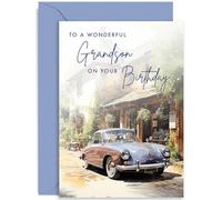 Birthday Cards for Men - Birthday Gift for Grandson - Traditional Male Birthday Card - Classic Car Countryside Scene Birthday Card for Him - 21st, 25th, 30th Birthday Cards for Men | Blank Inside