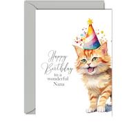 Birthday Cards for Nana - Party Hat Cat Kitten - Happy Birthday Card for Nana from Grandson Granddaughter, A5 Bday Gifts Greeting Cards for Women Her