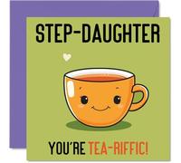 Birthday Cards for Step Daughter - Tea-riffic - Funny Happy Birthday Card for Step-Daughter from Step Mum Dad, Daughter Gifts, 145mm Joke Greeting Cards Women Her