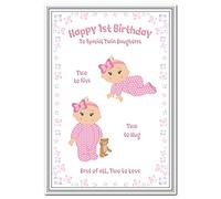 Birthday Cards for Twin Daughters - First 1st Birthday - Baby Girls - Twin Sisters - 1 year old - Age One - Keepsake Greeting - Happy Wishes - Blank inside to write your own message