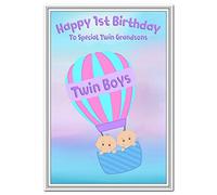 Birthday Cards for Twin Grandsons - First 1st Birthday - Baby Boys - Twin Brothers - 1 year old - Age One - Keepsake Greeting - Happy Wishes - Blank inside to write your own message