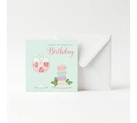 Birthday Cards for Women - Beautiful Pink Gin and Macarons Greeting Card, Anti-Bend 14.5x14.5cm Square Thick Cardstock with Envelope, Female Birtqhday Gifts for Friend Sister Wife Mum