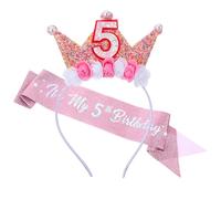Birthday Crown Headbands for Kids Toddlers Flower Birthday Tiara and Sash Set Pink Glitter Pearl Hair Band Accessories 5 Year Old Girl Birth-day Decorations Gifts