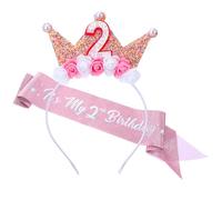 Birthday Crown Headbands for Kids Toddlers Flower Birthday Tiara and Sash Set Pink Glitter Pearl Hair Band Accessories 2 Year Old Girl Birth-day Decorations Gifts
