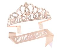 Birthday Crown Rose Gold Tiara for Women Birthday Queen Sash and Tiara Rhinestone Headband Set Glitter Hair Accessories for Women and Girls