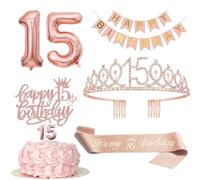 Birthday Decoration 15 Years Girl, 15th Birthday Crown and Sash, Happy Birthday Banner, Cake Decoration and Candles, Rose Gold Foil Balloon 15, Birthday Gift for 15 Years Girl