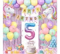 Birthday Decoration 5 Year Girl - Decoration 1st Birthday Girl with Balloon 5th Birthday, Happy Birthday Banner, Cake Decoration, Glitter Tinsel Curtain for First 4 5 6 7 8 9 10 Year Children's