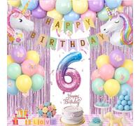 Birthday Decoration 6 Year Girl - Decoration 6th Birthday Girl with Balloon 1st Birthday, Happy Birthday Banner, Cake Decoration, Glitter Tinsel Curtain for First 4 5 6 7 8 9 10 Year Children's