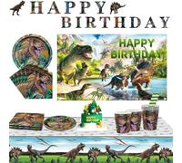 Birthday decoration dinosaur party plate set, 72 dinosaur patterned plates and paper cup and napkin set, birthday banner,large 72 inch high-definition background cloth,baby shower decoration