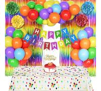 Birthday Decoration for Boy Girl, Rainbow Assorted Colorful Balloons with Happy Birthday Banner Decorations Paper Pompom Rain Curtain Cake Topper Tablecloth for Kids Women Men