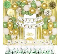 Birthday Decoration for Boy Girl, Sage Green Gold Balloons with Happy Birthday Banner Decorations Paper Pompom Rain Curtain Cake Topper Tablecloth for Women Men 1st 18th 21th 30th 40th 50th 60th