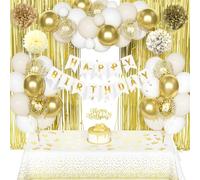 Birthday Decoration for Girl Boy Women Men,Boho Sand White Gold Balloons with Happy Birthday Banner Decorations Paper Pompom Rain Curtain Cake Topper Tablecloth for 1st 18th 21th 30th 40th 50th 60th
