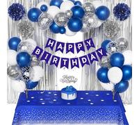 Birthday Decoration for Men Boy, Navy Blue Silver Balloons with Happy Birthday Banner Decorations Paper Pompom Rain Curtain Cake Topper Tablecloth for 1st 18th 21th 30th 40th 50th 60th 70th