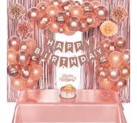 Birthday Decoration for Women Girl, Rose Gold Balloons with Happy Birthday Banner Decorations Paper Pompom Rain Curtain Cake Topper Tablecloth for 18th 21th 30th 40th 50th 60th 70th