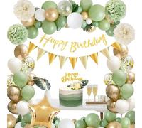 Birthday Decoration for Women Men, 62Pcs Sage Green Birthday Party Decoration Set - 18Inch Star Foil Balloon, Green Gold White Balloons, Happy Birthday Banner, Cake Topper