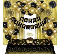 Birthday Decoration for Women Men,Black Gold Balloons with Happy Birthday Banner Decorations Paper Pompom Rain Curtain Cake Topper Tablecloth for 18th 21th 30th 40th 50th 60th 70th