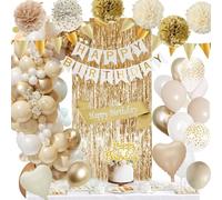 Birthday Decoration Gold, Beige Gold White Party Decoration Set with HAPPY BIRTHDAY Banner, Confetti Balloons, Tinsel Curtains, Sash, Pompoms Decoration