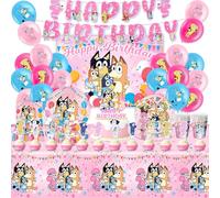 Birthday Decorations, 84PCS Party Backdrop Decorations Kids' Tableware Set, Pink Birthday Party Supplies with Banner,Tablecloth, Paper Plates, Napkins, Cups, Balloons, Cake topper