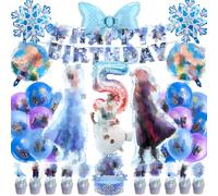 Birthday Decorations Balloons age 5- Princess 5th Foil Balloons Girls 5rd Ice Kids Party Decorations Snowflake Happy Birthday Banner Ballons Cake topper for Girls Princess Theme Party Supplies