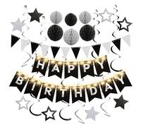 Birthday Decorations,Black Silver Happy Birthday Banner with Fairy lights,Pennant Banner,Honeycomb Balls and Star Hanging Swirls Streamer Happy Birthday Party Decorations for Women Men Boys Girls