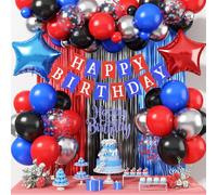 Birthday Decorations for Boys, Red Blue Black Metallic Silver Confetti Latex Foil Balloon Spider Web Party Decoration Happy Birthday Banner Fringe Curtain for Kid Baby Shower Hero Theme Party Supplies