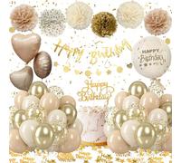 Birthday Decorations for Girls Women, Beige Balloons Party Decorations with Happy Birthday Banner Foil Balloon,Paper Pompons for Baby Boy Men