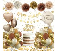 Birthday Decorations for Girls Women, Brown Gold Balloons Party Decorations,Happy Birthday Banner,Foil Balloon Paper Pom-Poms for Baby Boy Men