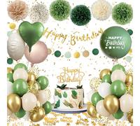 Birthday Decorations for Girls Women,Sage Green Balloons Party Decorations with Happy Birthday Banner Foil Balloon,Paper Pompons for Boy Men