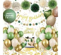 Birthday Decorations for Girls Women,Sage Green Balloons Party Decorations with Happy Birthday Banner Foil Balloon,Paper Pompons for Baby Boy Men