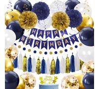 Birthday Decorations for Men, Navy Blue Gold White Happy Birthday Party Decorations Kit - Banner, Balloons, Tissue Pompoms, Swirls, Tassels Garland