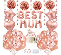 Birthday Decorations for Mum, Rose Gold Party Supplies with BEST MUM Letters, Heart Foil Balloons, Confetti & Pompoms for Cake Topper, Mum Birthday Balloon Kit,Women's Celebration Party Deco