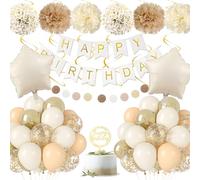 Birthday Decorations for Women Girls,Sand White Gold Party Decorations,Happy Birthday Banner,Beige Gold Balloons Pompom Cake Topper,Baby Shower Wedding Party