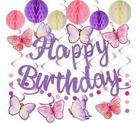 Birthday Decorations, NO DIY, Pre-Strung Happy Birthday Banner with Honeycomb Balls, Hanging Swirls, Circle Dots Garland, Happy Birthday Party Decorations for Women Men Boys Girls (Purple)