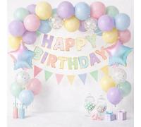 Birthday Decorations Set for Women & Girls - Pastel Happy Birthday Banner with Triangle Bunting, Star Foil Balloons, Confetti Balloons, Balloon Arch Chain, Ribbons & Glue Dots