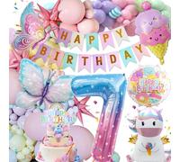 Birthday Decorations, Unicorn Butterfly Foil Balloons, Pastel Balloons, Happy Birthday Banner, Party Supplies, Party Photo Backdrop-7th
