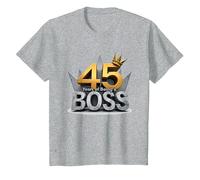 Birthday Gift: 45 Years of Being a Boss Anniversary Crown T-Shirt, Kids, Heather Grey, 8 Years