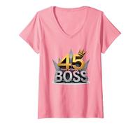 Birthday Gift: 45 Years of Being a Boss Anniversary Crown V-Neck T-Shirt, Women, Pink, XL