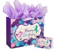 Birthday Gift Bag for Presents, Medium Gift Bags with Greeting Card and Tissue Paper for Kids Adult Men Women's Birthday(Mermaid)