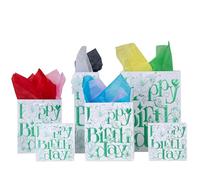 Birthday Gift Bags, 6-Pack Kraft Paper with Gold Foil 3D Design - Assorted Sizes for Different Gifts, Includes Bonus Multi-Color Wrapping Paper | Perfect for Friends, Colleagues, Family & Parents |