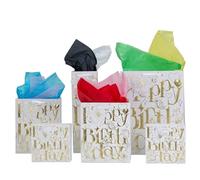 Birthday Gift Bags, 6-Pack Kraft Paper with Gold Foil 3D Design - Assorted Sizes for Different Gifts, Includes Bonus Multi-Color Wrapping Paper | Perfect for Friends, Colleagues, Family & Parents |
