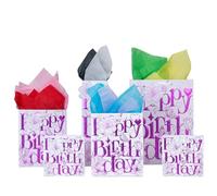 Birthday Gift Bags, 6-Pack Kraft Paper with Gold Foil 3D Design - Assorted Sizes for Different Gifts, Includes Bonus Multi-Color Wrapping Paper | Perfect for Friends, Colleagues, Family & Parents |