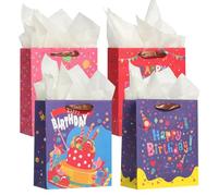 Birthday Gift Bags,Gift Bags for Presents,Medium Gift Bag with Tissue Paper,Party Bags for Women Girls Boys Presents Birthdays Christmas New Year-4PCS 9x7x4 inch
