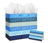 Birthday Gift Bags, Medium Blue Striped Design with Card and Tissue Paper for All Occasion Presents