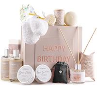 Birthday Gift Basket - Bath and Spa Gift Set for Women - Luxury Birthday Spa Gift Box with Vit E Rich Bath Essentials, Diffuser, Candle, Sterling Silver CZ Heart Necklace, 24k Flower Rose Gift & More