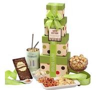 Birthday Gift Basket Tower with Large 16oz. Insulated Gift Mug. Share The Fun With Happy Birthday Gift Tower Filled with Chocolates, Sweets, and Truffle Cocoa. Perfect for Mom, Dad, & Friends
