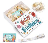 Birthday Gift Box, 25 x 18 x 8,5 cm White Gift Box with Well-designed Lid, Special Ribbon, Happy Birthday Greeting Card, Raffia, Gold Threads