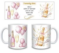 Birthday Gift for Girls Her - Personalised 21st Birthday Mug, White Ceramic, Champagne and Balloons Design, Dishwasher Safe, for 18th 21st 30th 40th 50th 60th 70th 80th