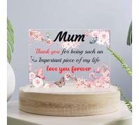 Birthday Gift For Mum Womens - Butterfly Pink Theme Touching Sayings Engraved Mum Gifts Plaque Thank You For Being Such An Important Piece Of My Life Love You Forver flower On Mother Day Birthday