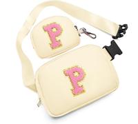 Birthday Gifts for 4 5 6 7 8 9 10 11 12 13 Year Old Girls, Crossbody Bags Fanny Pack with Initial Letter Patch Cute Stuff for Women Girls Teens, Cream, M, P