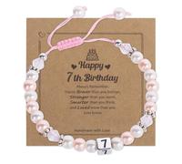 Birthday Gifts for 5-7 Year Old Girls, Pink White Imitation Pearl Bracelet, Number Bracelets with Birthday Card for Daughter Granddaughter Niece 5th-7th (Modern,7th)